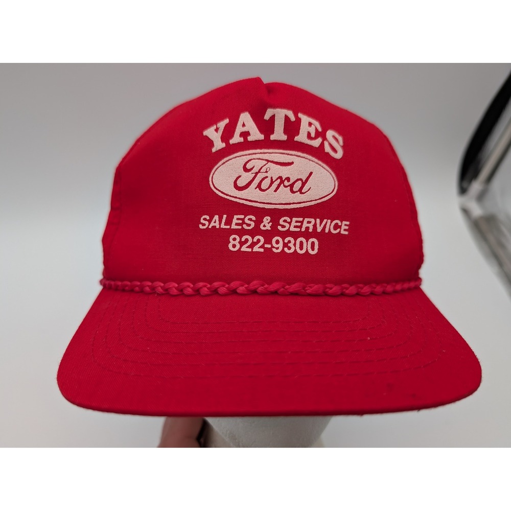 Vintage Yates Ford Sales Service Red Trucker Hat Snapback Hi-Style MFG Cap